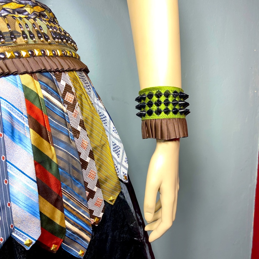 Upcycled Silk Mens Tie Sexy Wrist cuff , with spike Stud and Ruffle Trim